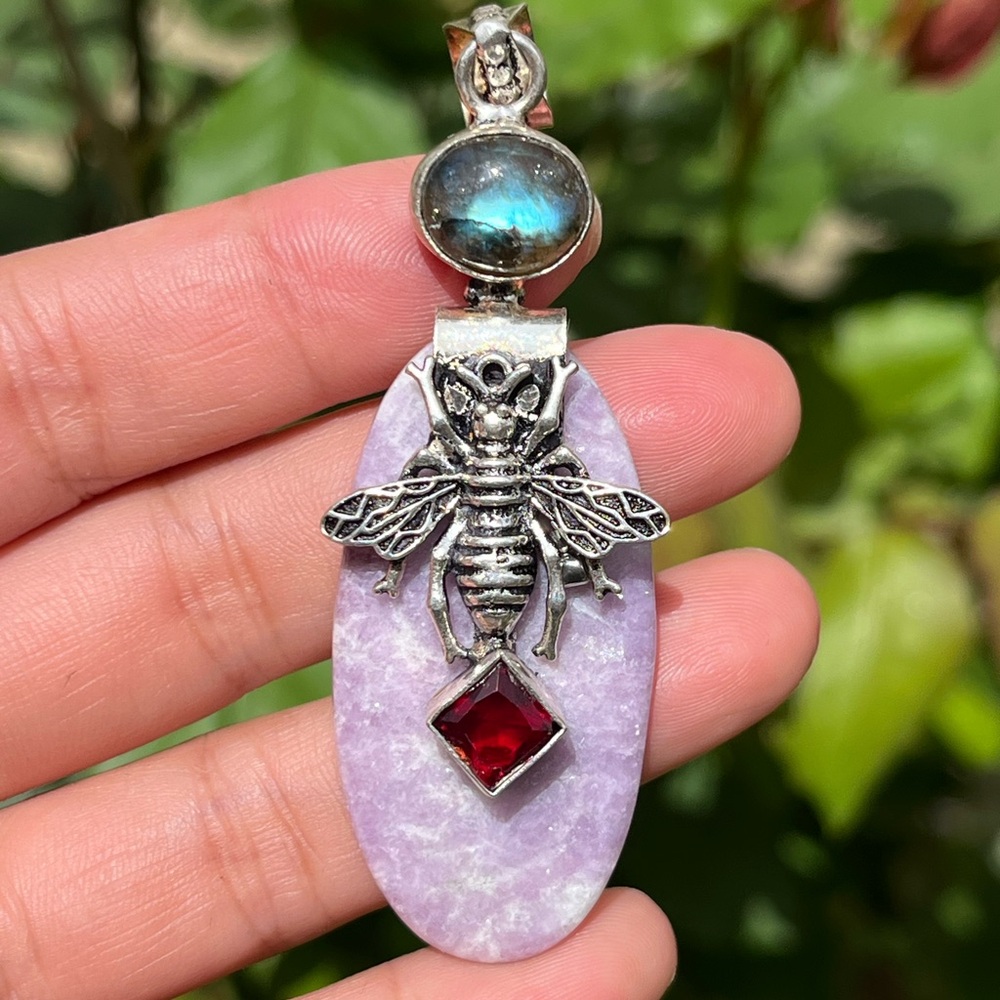 925 silver plated lepidolite labradorite pendant